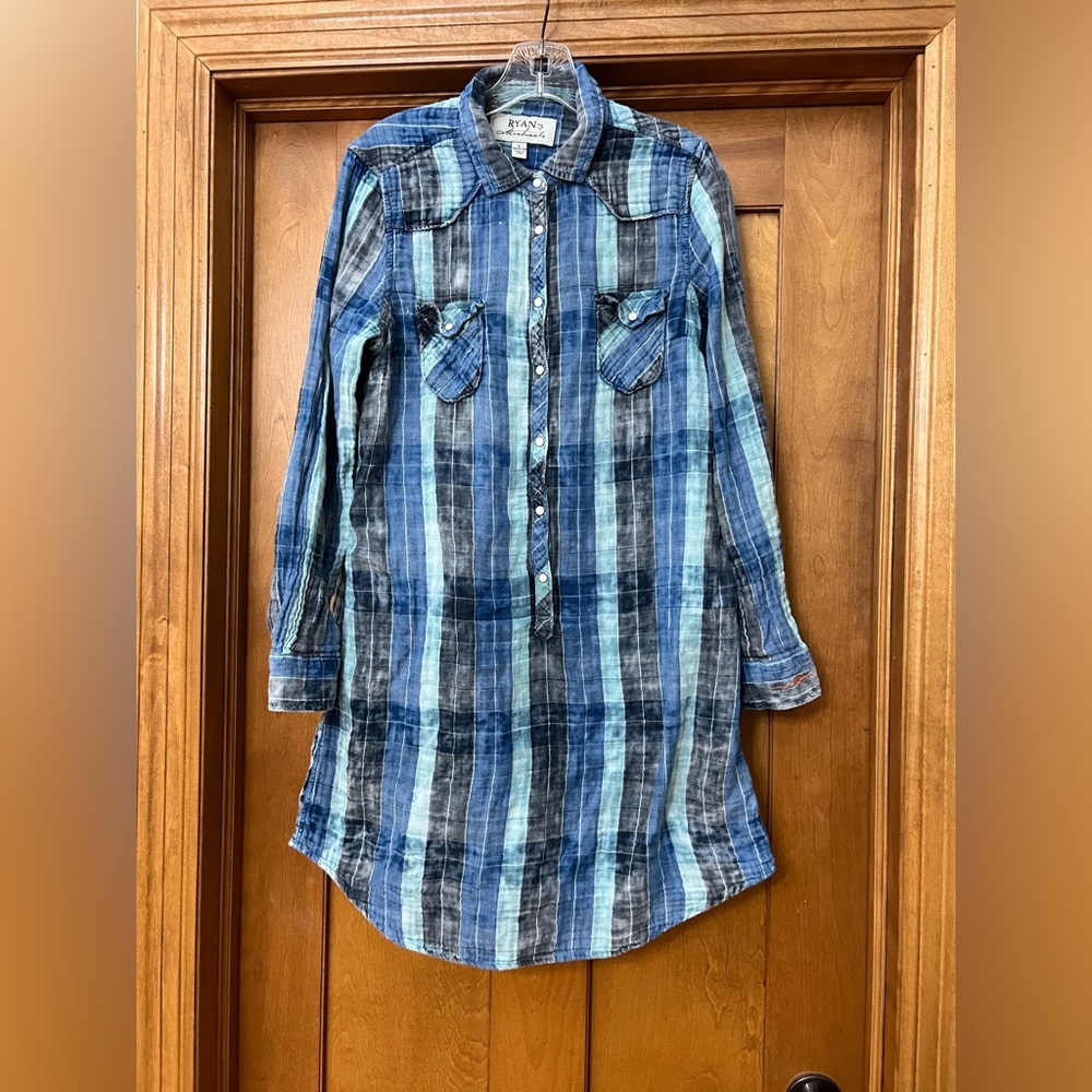 Ryan Michael Indigo Blue Mixed Plaid Long Sleeve Tunic Dress Size Large